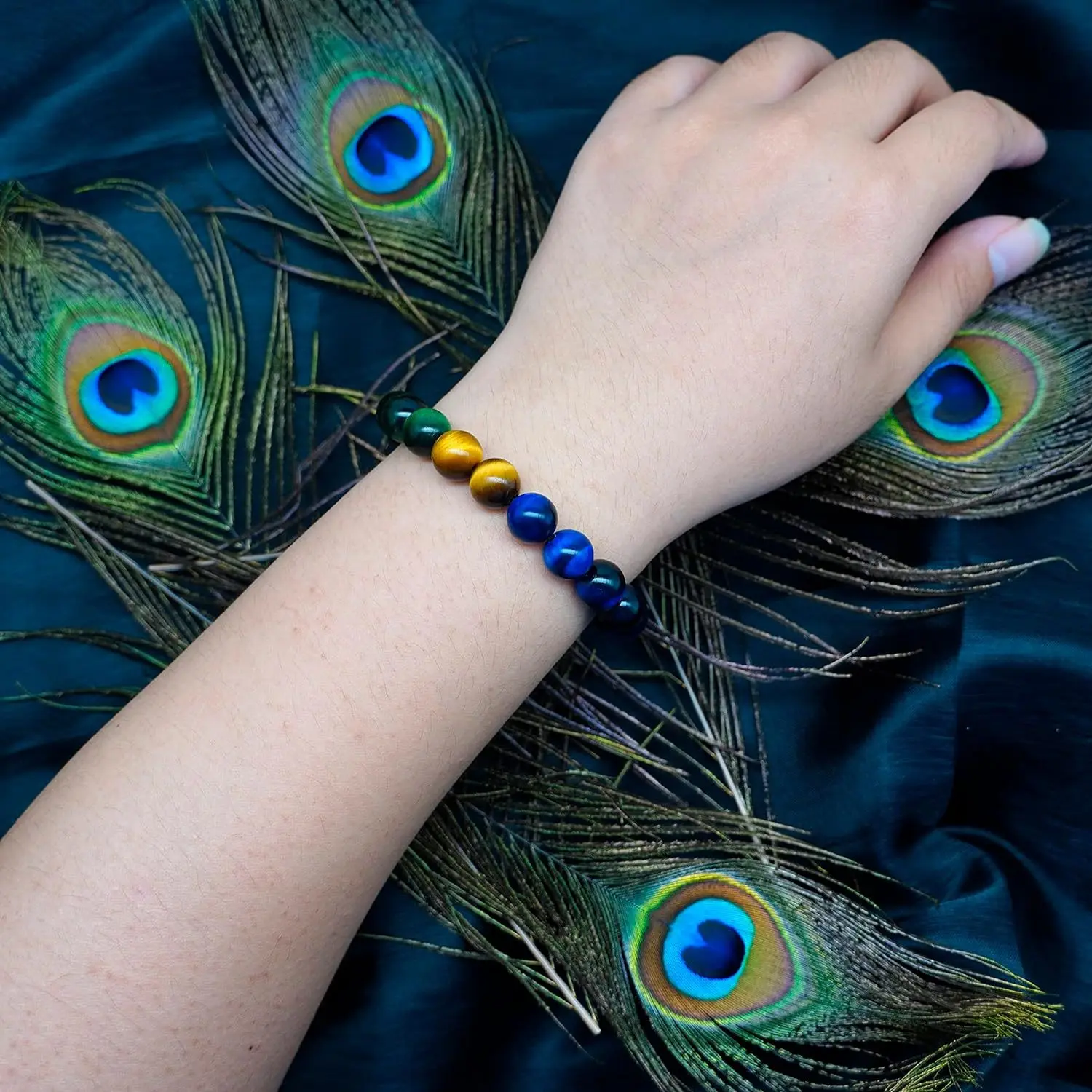 New Arrival 10mm Tiger Eye Stone Beaded Bracelet for Unisex Peacock feather Design Elastic Healing Energy Stone Beads Bracelet