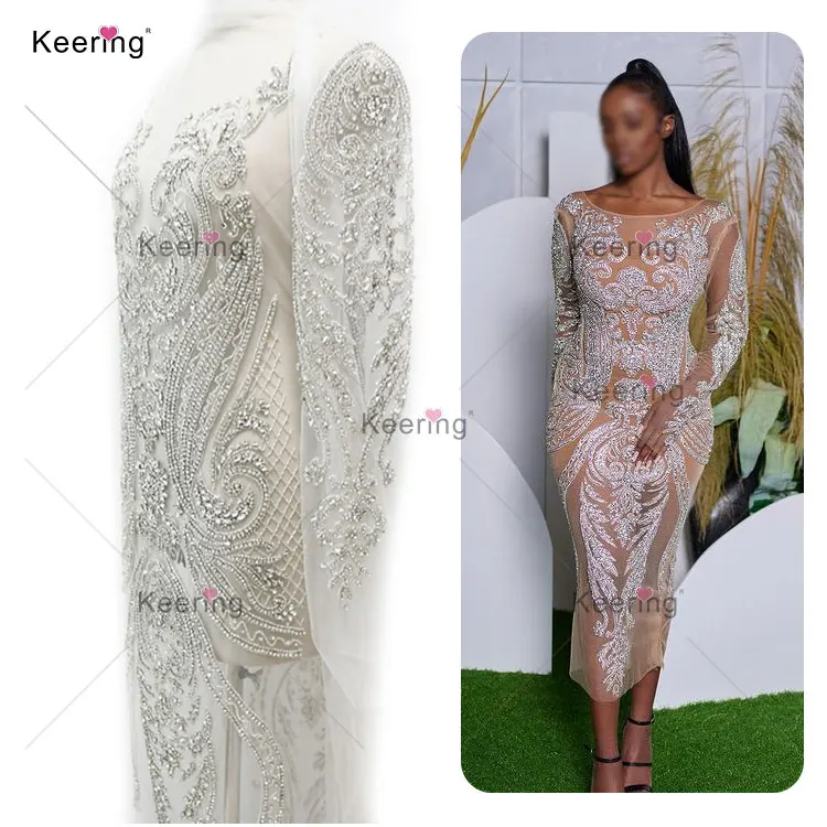 WDP-069-2 Hot design white sleeve long dress rhinestone dress applique for wedding dress ball gown