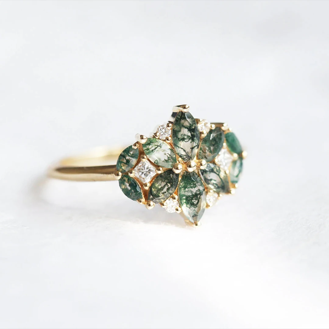 Свадебное кольцо с натуральным Мохом Агатом цветком маркиза бриллиантом