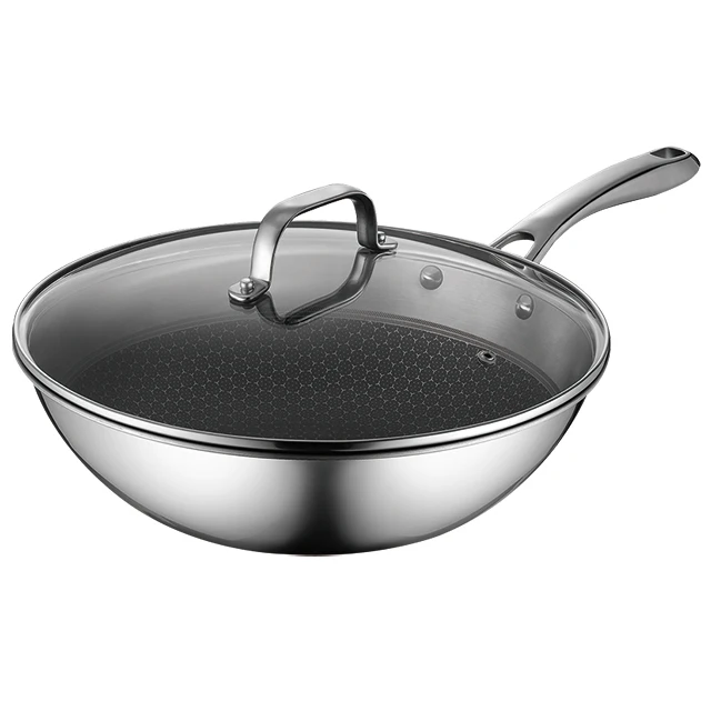 30cm Stainless Steel Three-layer Non Stick Cooking Pot Honeycomb Wok Pan