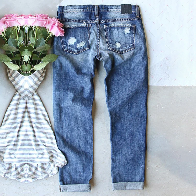 Hot Sale 2023 Cheap Stylish Casual Graphic Print Women Lady Trousers Ripped Jeans