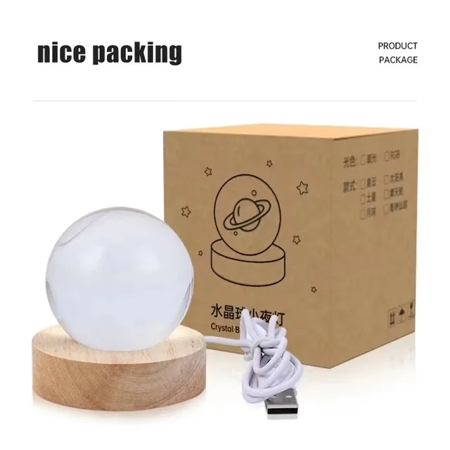 6cm Glowing Crystal Ball Night Light Led Bedside Light Milky Way Light Ornament Solid Wood Base USB Night Lamp