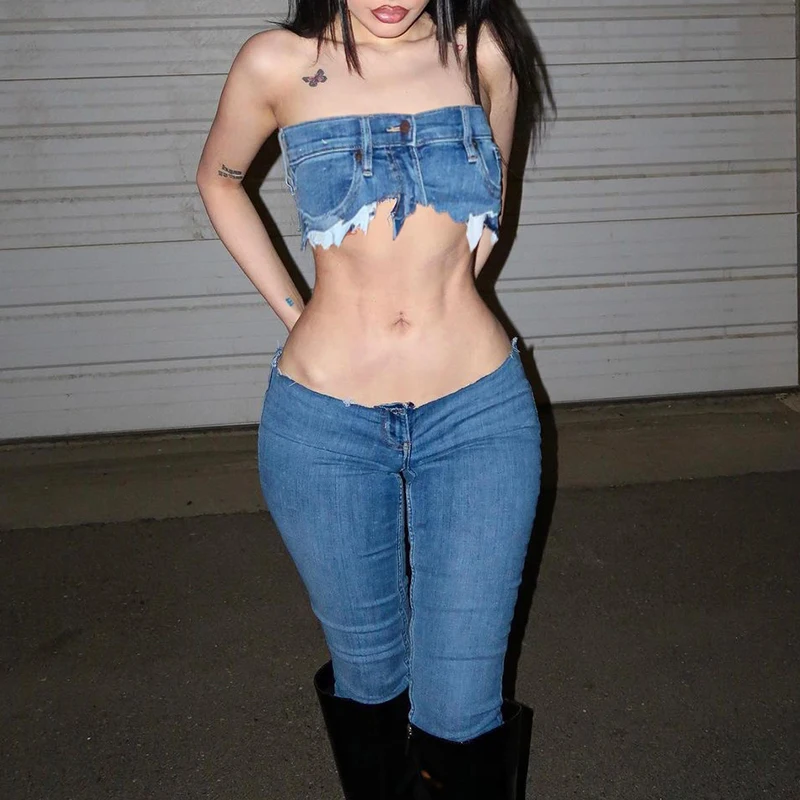 2022 Fashion Clothing Sexy Slim Fit Denim Tube Crop Top Women Camisole Cotton Bra Tube Top