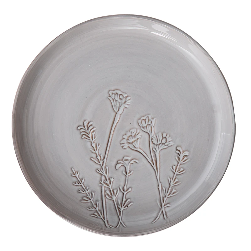 the latest design oxidized glaze intaglio flowers dinnerware round dinning plate modern ceramic dinner plates