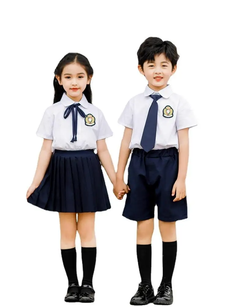 Custom navy pleat girls school uniform skirt and white shirt spring primary school student uniform kids