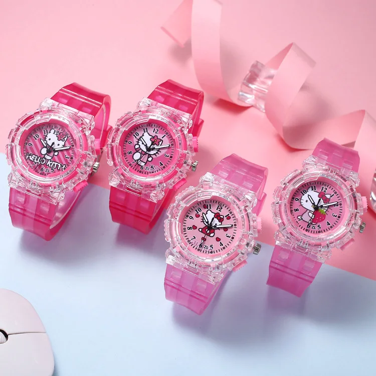 Kawaii Sanrioed Hellokitties LED Luminous Electronic Watch Cute Cartoon Girly Student Colorful Flash Digital Watch