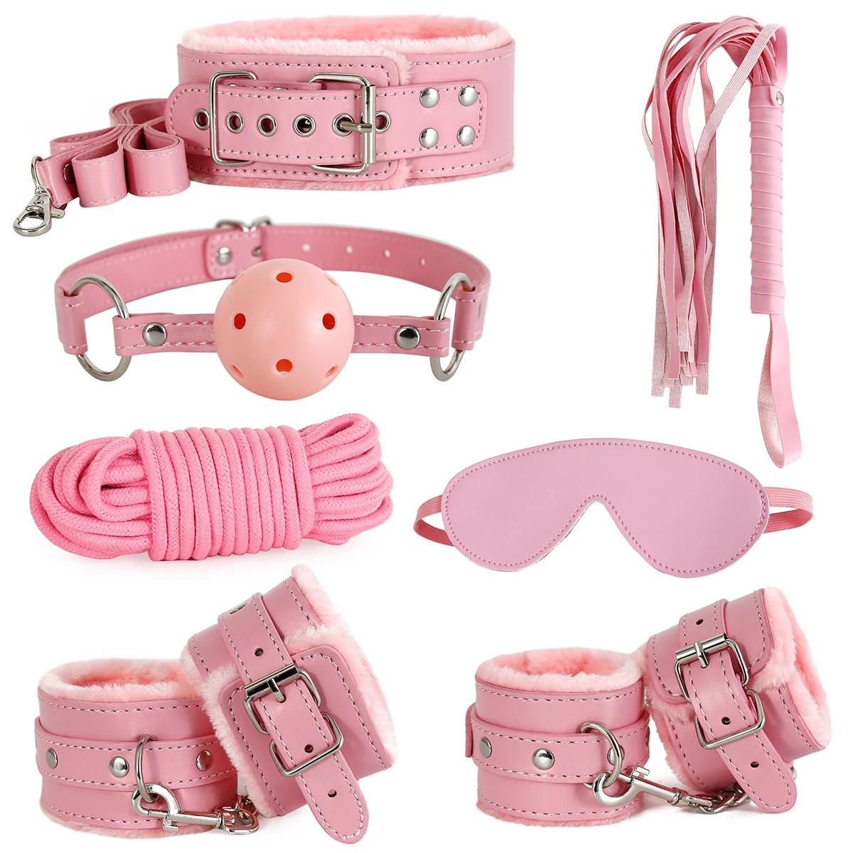 Adults BDSM Sex Bondage Set Leather Bondage Kits 7PCS/set Plush BDSM kits Nipples Clip Floggers Mask and Handcuffs 5M Rope