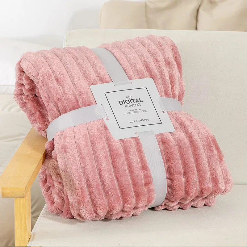 Custom wholesale queen bed solid color plain color Thickened flannel rabbit velvet nap blanket winter office knee stripe blanket