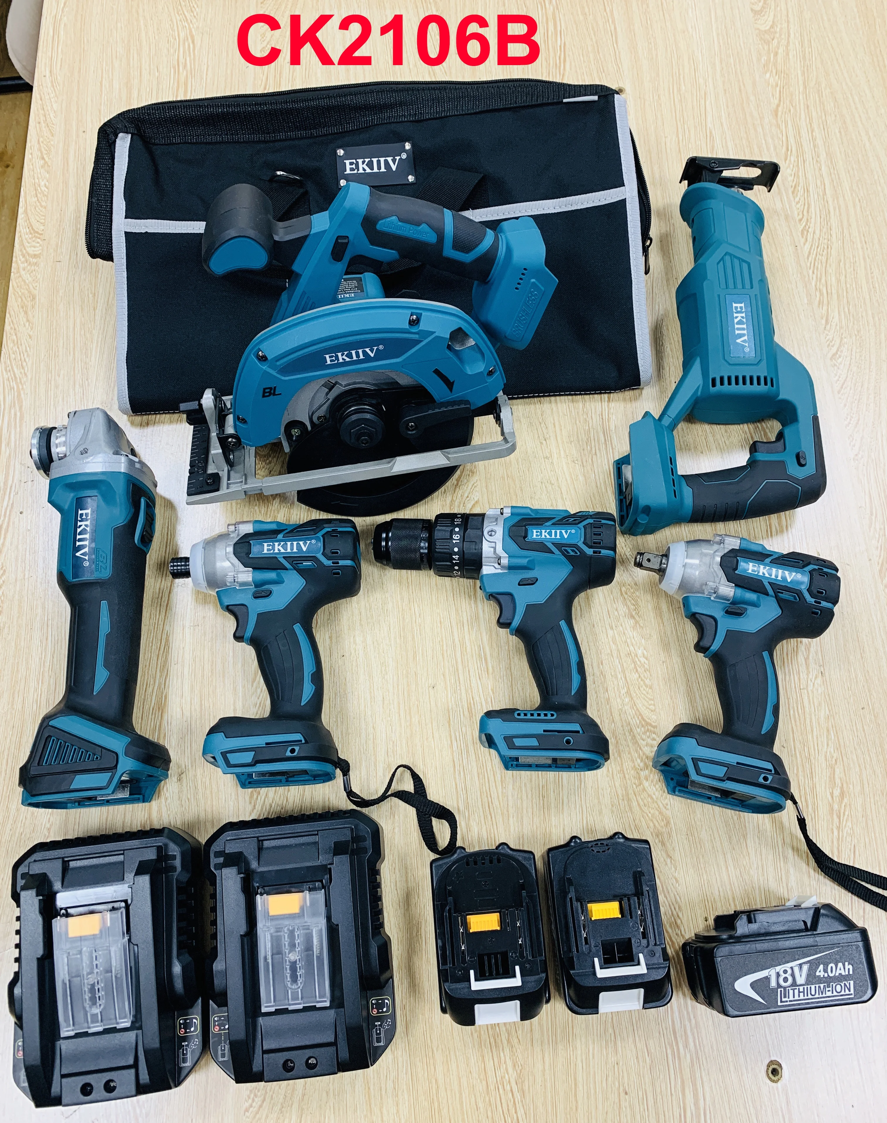 EKIIV stock 6 In 1 Cordless Impact Drill Sander Reciprocating Saw 4 Inch Chainsaw Impact Driver Power Tool Sets For Garden