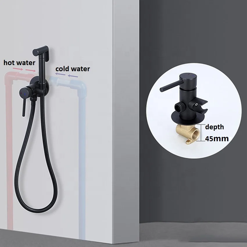 High Quality Brass Toilet Hand Held Bidet Matte Black Hot Cold Faucet Valve With Holder Bracket