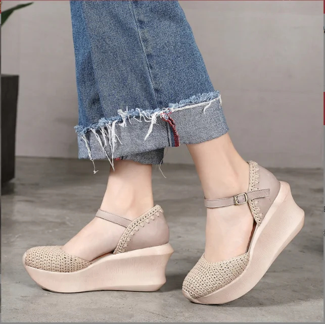 2022 new hand knitted leather wedge heel platform women shoes