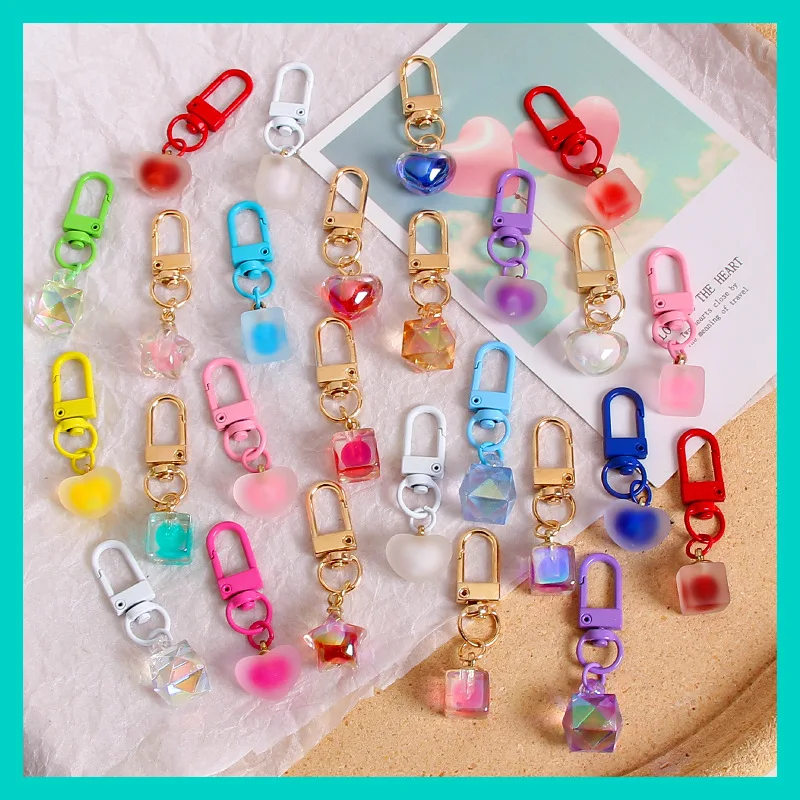 Cute Glitter Love Transparent Acrylic Heart Keychain Pendants for Car Key Holder Handbag Decor Charms DIY Key Chain