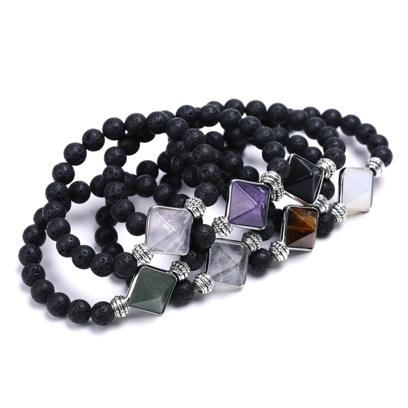 Wholesale Natural Stone Pyramid Bracelet with 7 Colors Crystal Beaded Bangle for Women and Men