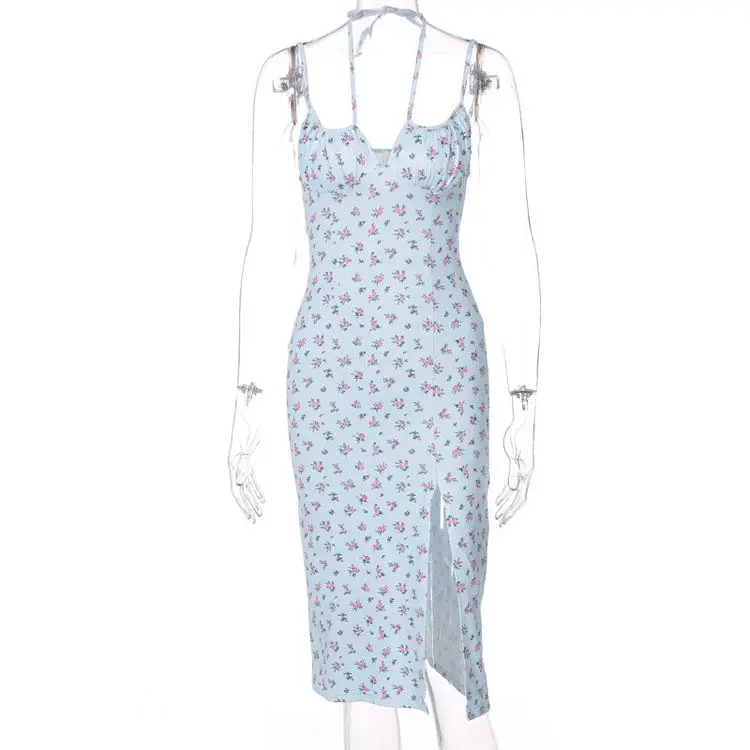 2024 Floral Print Slit Side Drawstring Sleeveless Strap Deep Square Neck Elegant Casual Dress Women Summer Fashion Wholesale