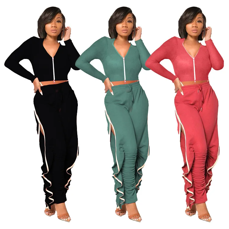 
Casual Zipper Up Crop Top And Stacked Pant 2021 Spring Women Clothing Sets Long Sleeve V Neck Ladies Two Piece Pants Set Outfits 