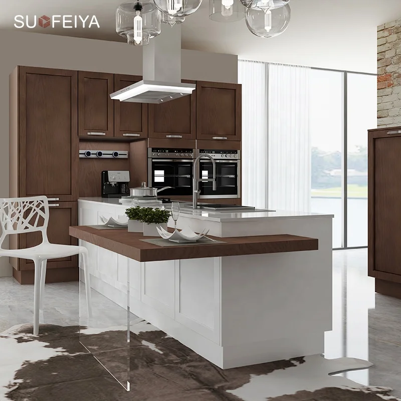Suofeiya Trade Home Furniture Modern Handle Free Retro Plywood MDF Gloss Solid Wood Kitchen Cuisine Cabinet Supplier