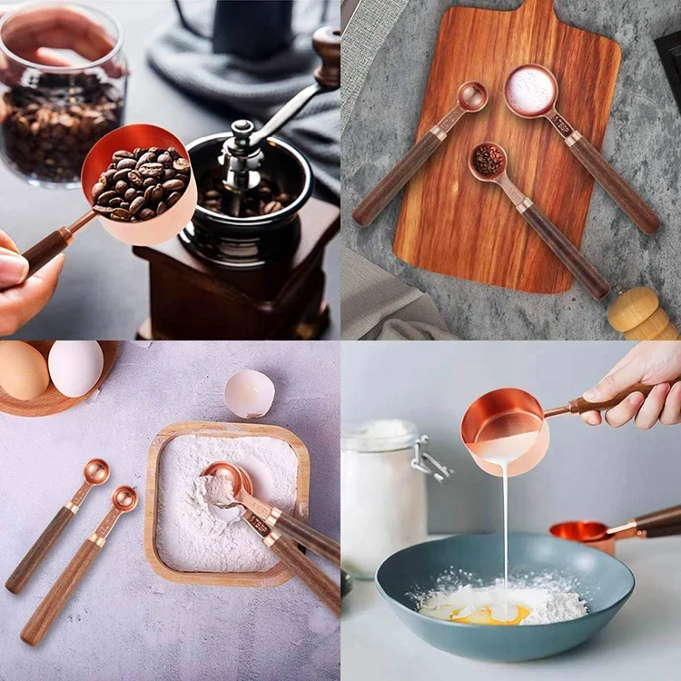 Gold Copper Stainless Steel Measuring Cups and Spoons Set 8 Pieces Engraved Measurements Measuring Cup & Spoon