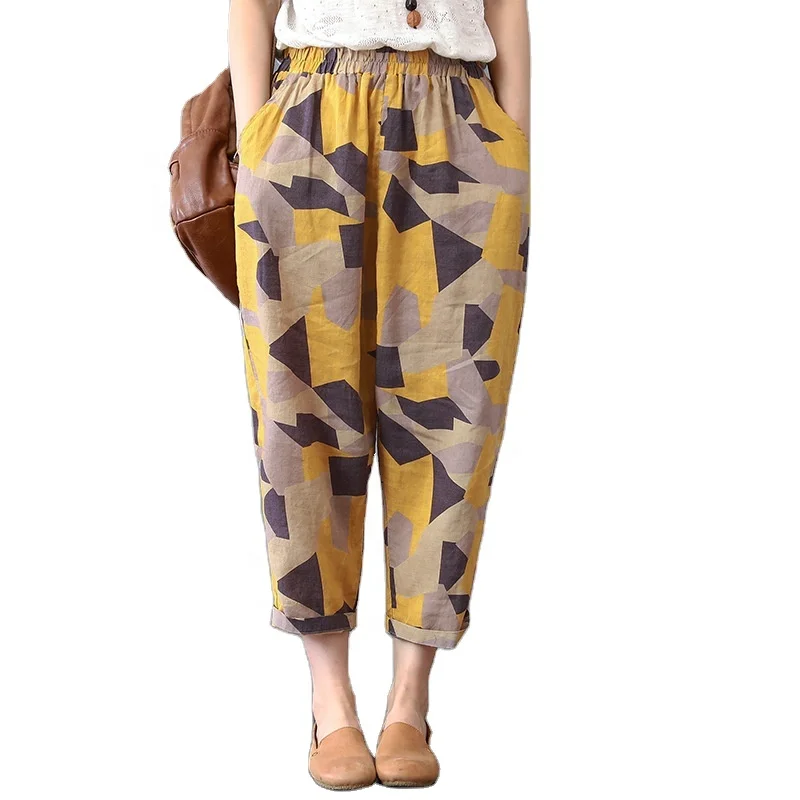 2021 New Summer Women Hip Capri Pants Cotton Printed And Linen Large Size Comfortable Loose Harem Trousers