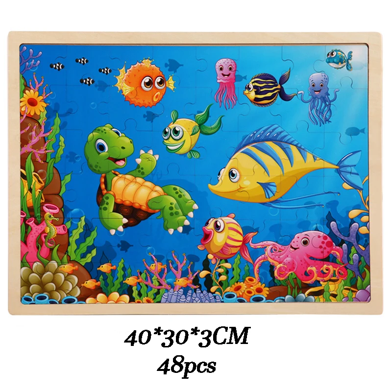 Good quality Laser Engraving cut animal traffic Cartoon Wooden Jigsaw 48pcs 100pcs Puzzles For Children Early Educational Toys