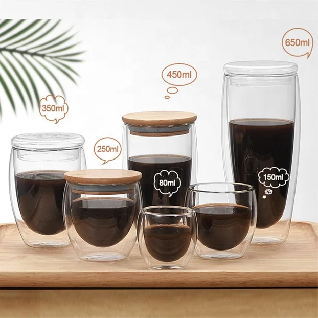 5oz 8oz 12oz 15oz 22oz Double-Walled Borosilicate Glass Glass Lid Cup With Bamboo Lid