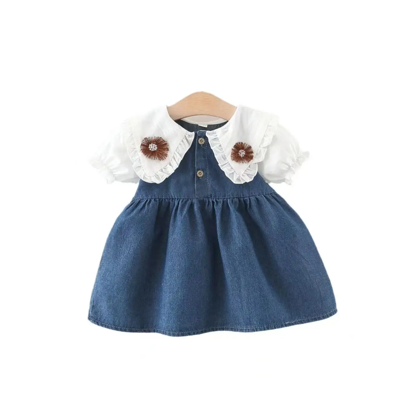 1634 2024 Summer New Girls Lace Collar Denim Skirt Children Fashion Lapel Collar Princess Dress