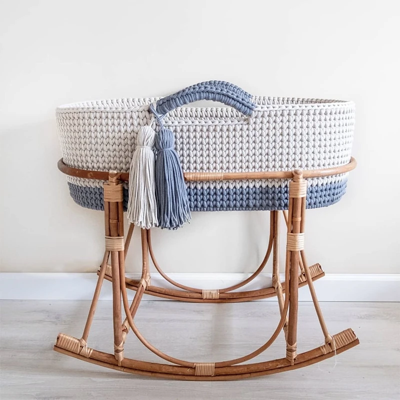 Nuohui Foldable crochet baby changing basket Handle for Newborn Nursery Moses Baskets Diaper Changing With Mattress