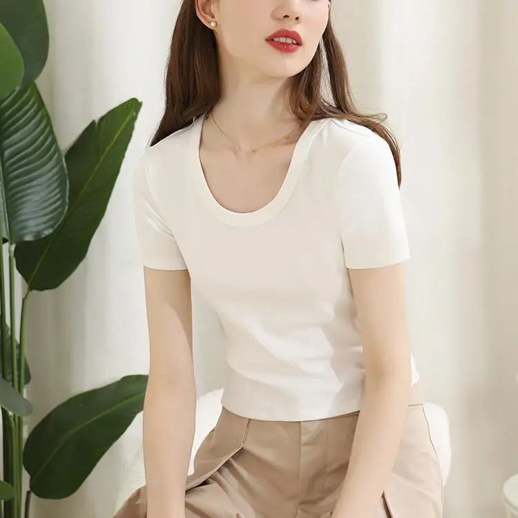 Wholesale Custom Casual Summer Short Sleeve Solid Color Black Slim Fit O-Neck Ribbed Oversized Crop Top T-Shirt For Women Cotton