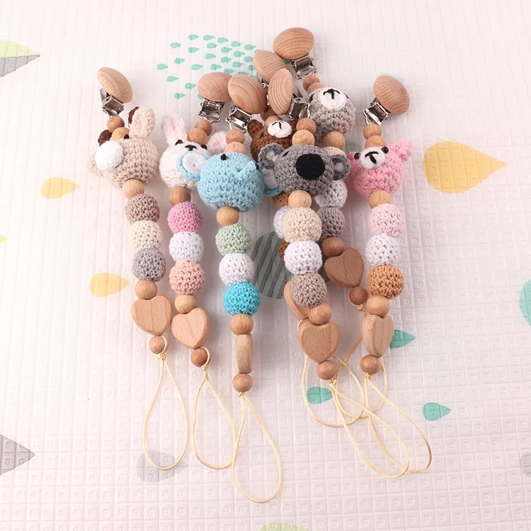 Factory direct personalized cotton thread wooden knit animals pacifier clip pacifier chain for newborn baby