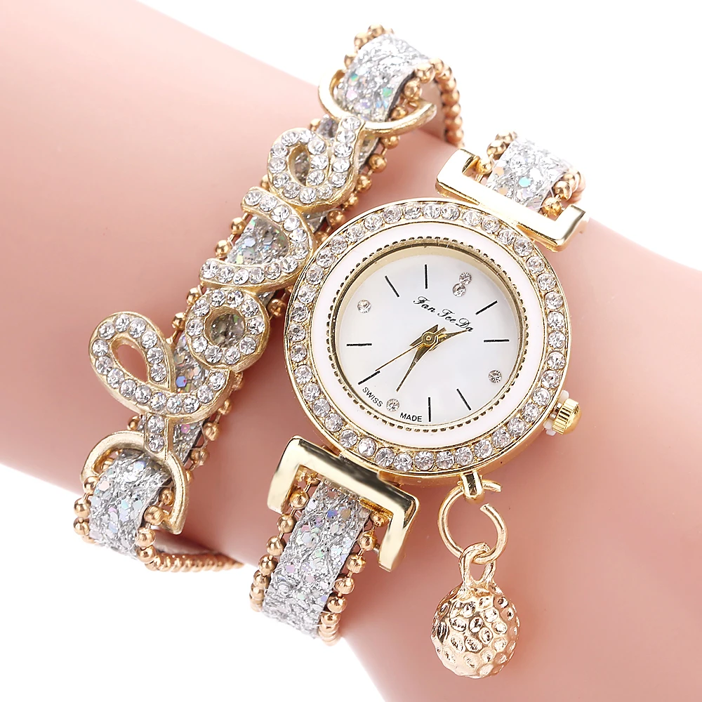 Drop Top Brand Ladies Love Leather Strap Rhinestone Wristwatch Luxury Bling Fashion Bracelet Iced Out Women Quartz Watch 2021