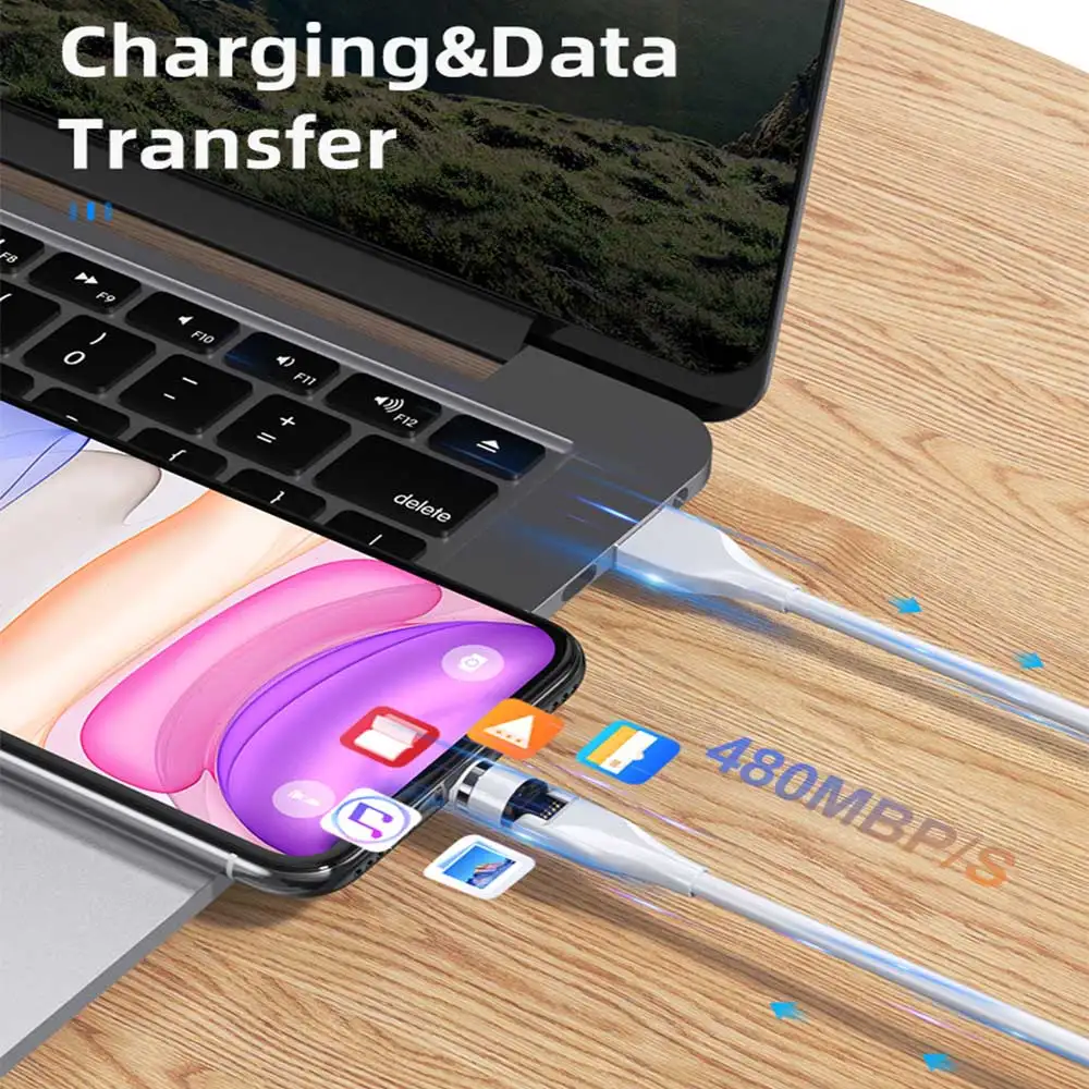 Factory cheap oem rotate 3 in 1 Type C Micro USB ios phone 540 degree magnetic data cables magnet fast charging USB cable