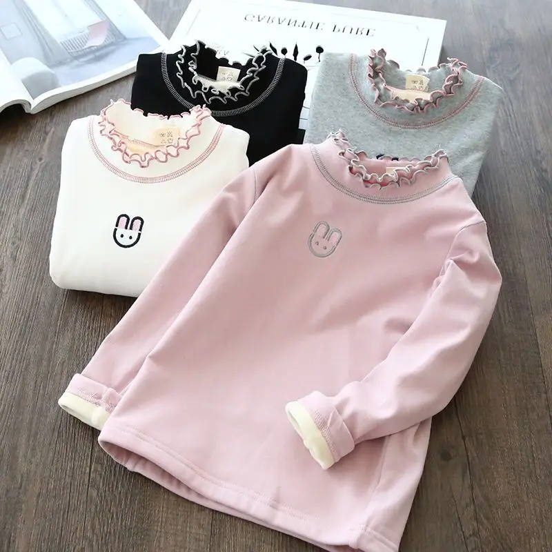 High quality Boutique Autumn Spring Sweet Korean style long sleeves Girls solid fleece blouse tops