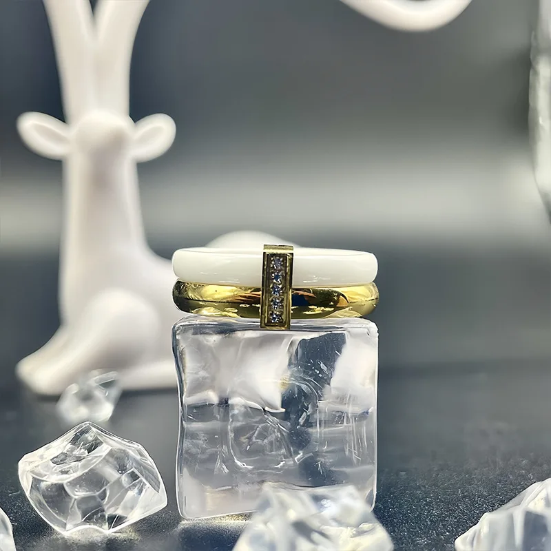 Wholesale Stainless Steel White Black Ceramic Diamond Ring Double Ring For Women or Men