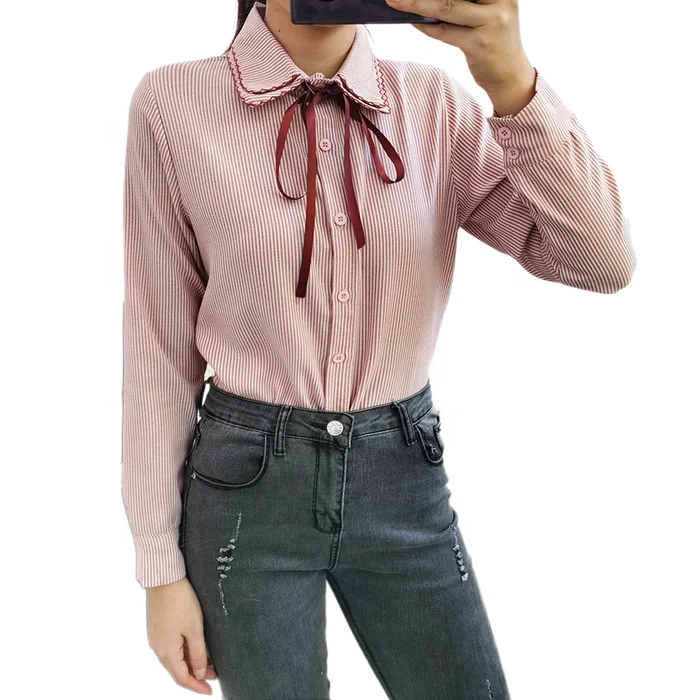 
 Новое поступление, офисная одежда для молодых женщин, высококачественные полосатые шифоновые блузки с длинным рукавом  