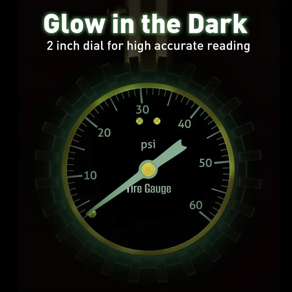 Tire Pressure Gauge - (0-60 PSI) Heavy Duty, Certified ANSI Accurate with Large 2 Inch Easy to Read Glow Diar