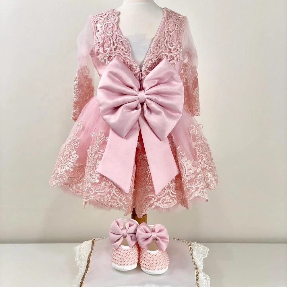 Pink Lacy Dress Girl Party Wear, 1-10 Year Birthday Dress Long Sleeves With Shoes and Hair Band Wholesale Custom Newborn