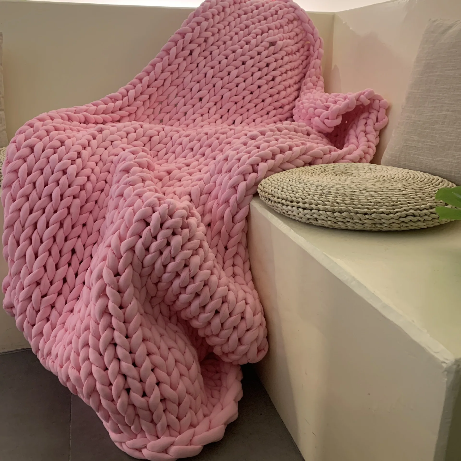 Cotton Tube Filled Braid Blanket Handmade Arm Knitting Chunky Washable 60*60