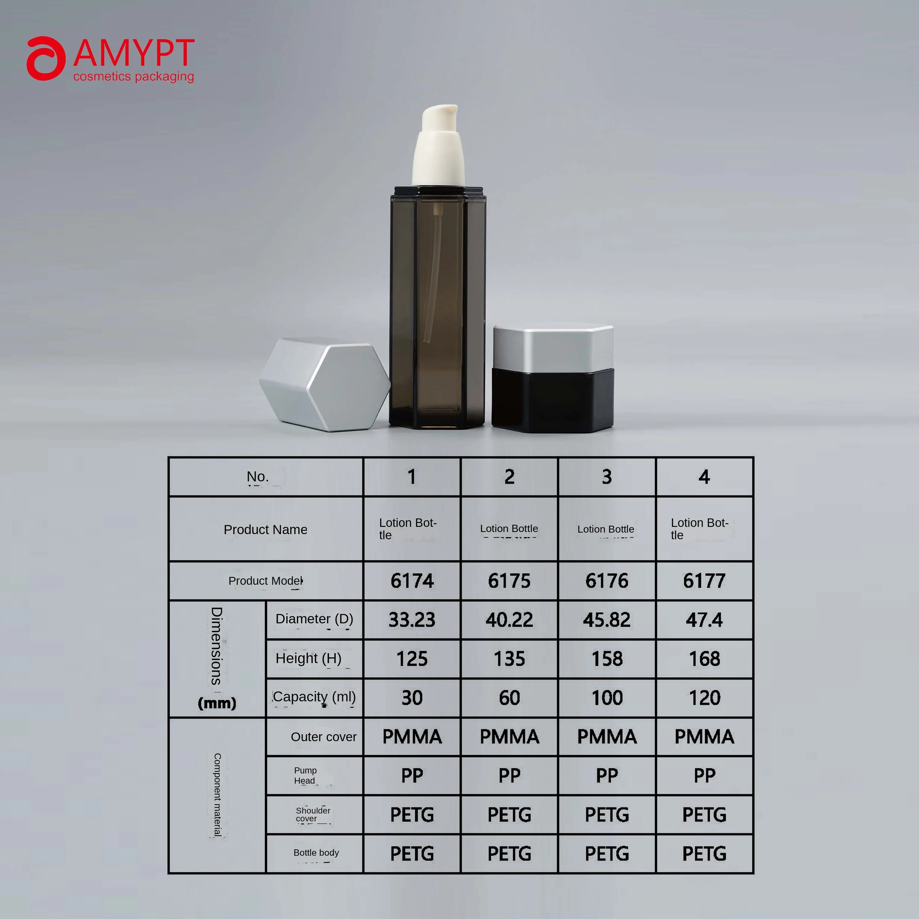 Cosmetic Packaging Custom  PETG  Hexagonal with Pump head  bottle and jar