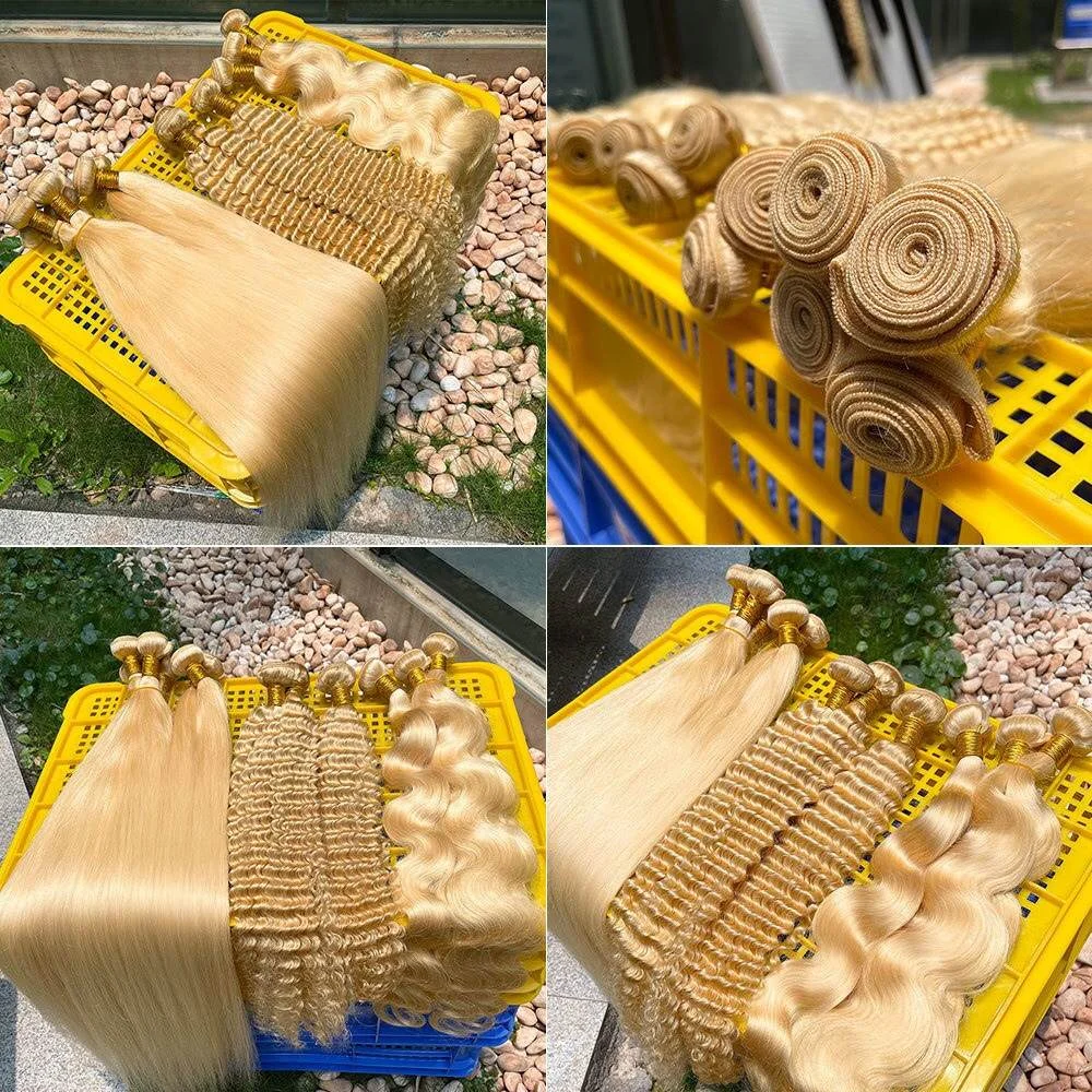 2024 Hot Sale 613 Blonde Bundles Frontal Hair Weave Free Sample Raw Wefted Human Hair Extensions Curly Lace Closure Hair Bulk