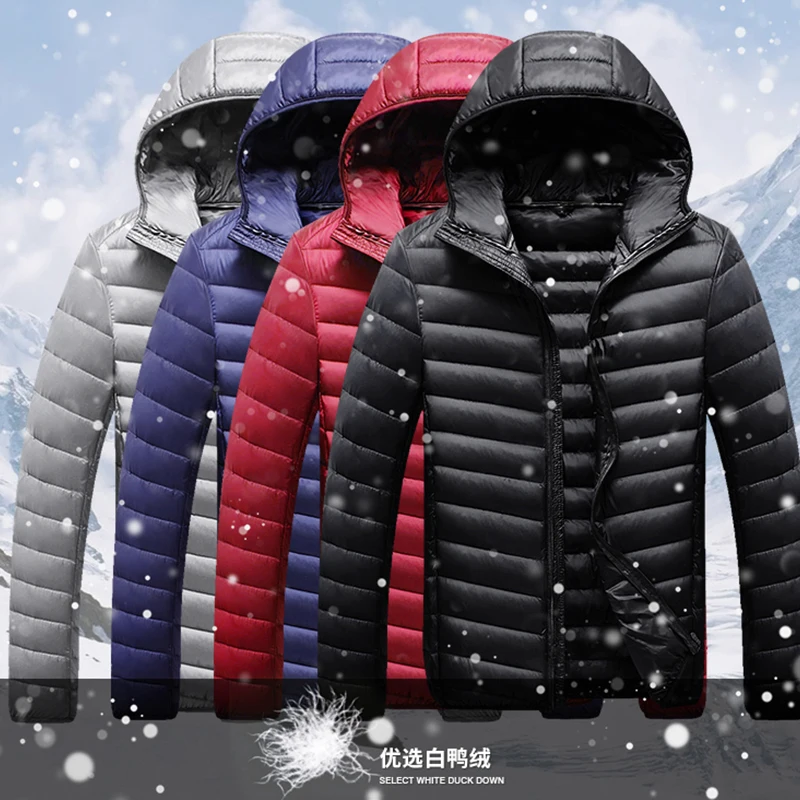 Winter 90% White Duck Down Hooded Down Jacket for Men Front Zipper Pack Thicken Quilted Down Jacket