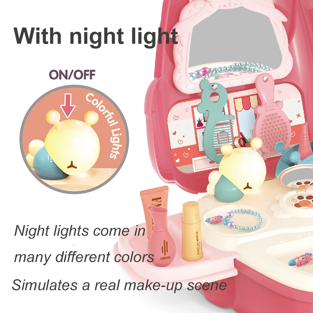 Hot Sale Pretend Play Cosmetics Make Up Toy Set Girls Make Up Kits Play House Toy Kit Portable Backpack With Light