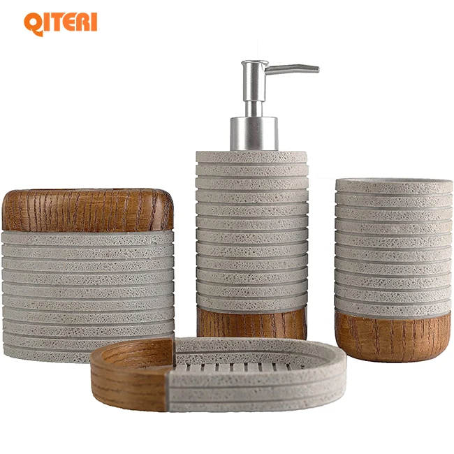 QITERI 4pcs resin wood grain hotel bathroom accessories set Farmhouse Bathroom Decor Gift Set