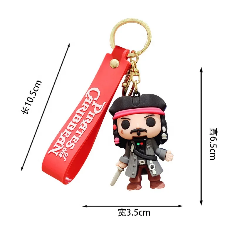 3D Cartoon Pirates Keychain Cute Style Jack Sparrow Big Head Silicone Metal Keyring Purse Wallet Wristlet Car Key Ring