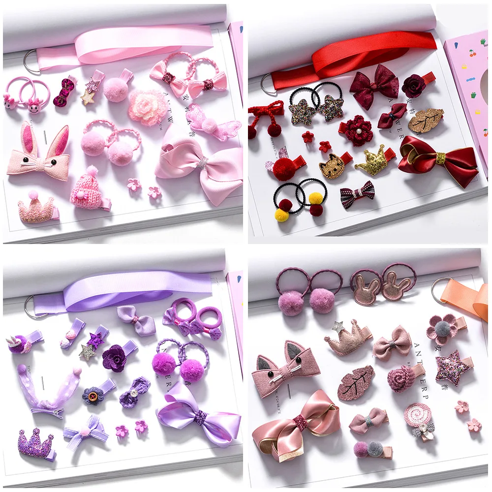 Children hair accessories 18 pieces sets fabric hair clips  bowknot hair rubber bands animal charm cute jewelry for kids