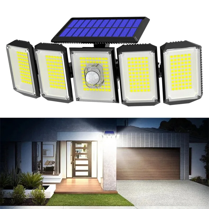 Outdoor Solar Lights 5 Adjustable Heads 300 LED Motion Sensor Lights Cordless Wide Lighting Coverage Spotlight IP65 Waterproof