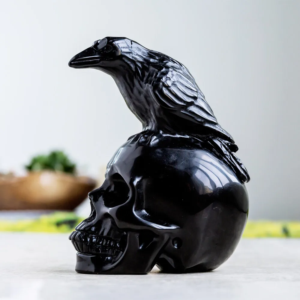 Wholesale Natural Polished Hand Carved Black Obsidian With Bird Crystal Skulls Folk Crafts Healing Stone For Home Decoration