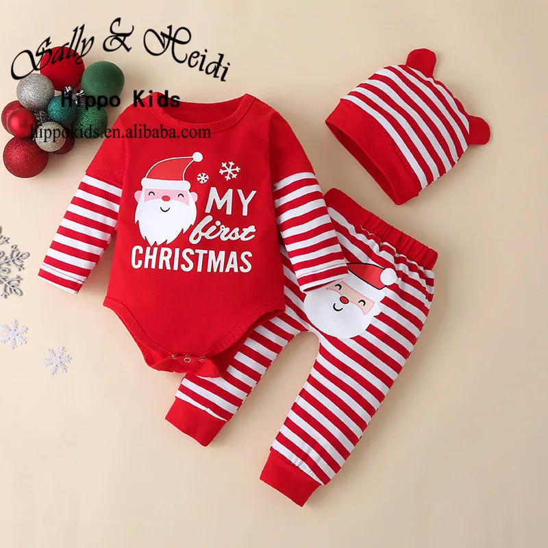 New design hot sale new born baby my first Christmas romper baby 3pcs jump suit