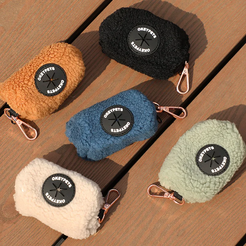 Okeypets Custom Logo Lamb dog poop bag holder Eco Friendly Wholesale Sherpa Fleece Pet Waste Poop Bag Dispenser For Roll Bag