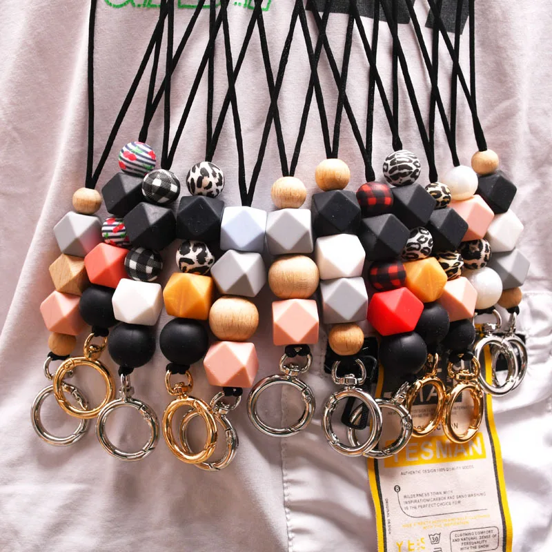 Leopard Print Silicone Round Bead Keychain Long Rope Hanging White K Hanging Card Black Lanyard