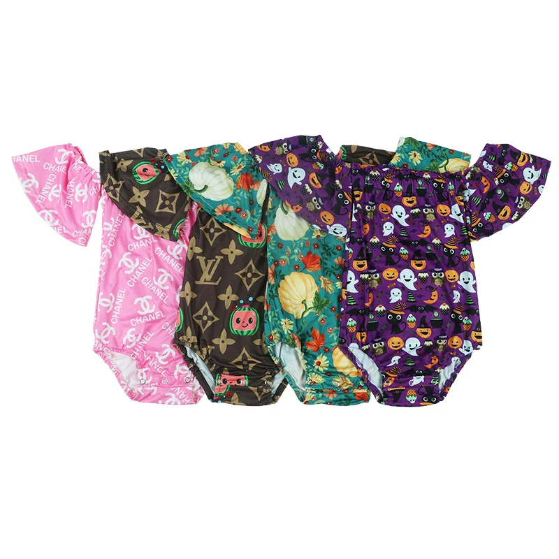 Wholesale toddler baby wear 6-12 months milk silk pattern printed baby onesie LOGO baby romper