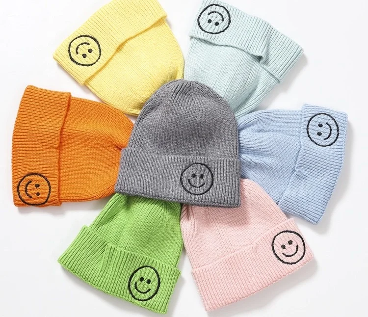 
KENSHELLEY Amazon Cheap Custom Baby Hats Children Candy Color Cute Beanies Kids Solid Plain Smile Pattern Knitted Beanie Hats 